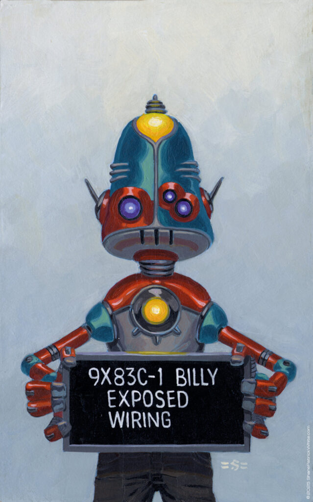 shanepatrickwhite, acrylic, popsurrealism, robots, retrofuturism, criminal kind