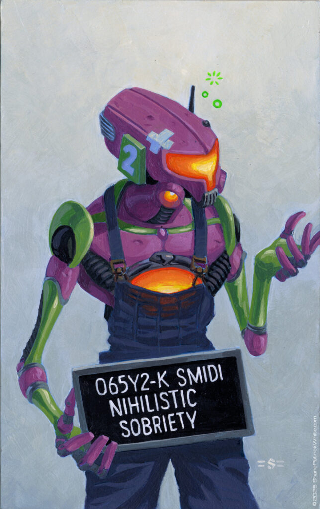 shanepatrickwhite, acrylic, popsurrealism, robots, retrofuturism, criminal kind