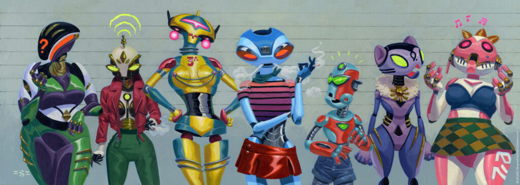 shanepatrickwhite, acrylic, popsurrealism, robots, retrofuturism, criminal kind