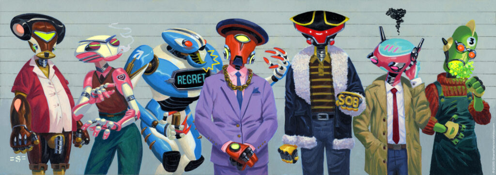 shanepatrickwhite, acrylic, popsurrealism, robots, retrofuturism, criminal kind