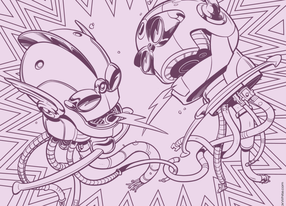 shanepatrickwhite, acrylic, popsurrealism, robots, retrofuturism, mutual destruction, wip